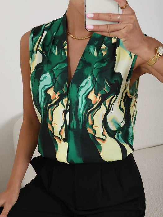 Graphic Print V Neck Sleeveless Blouse