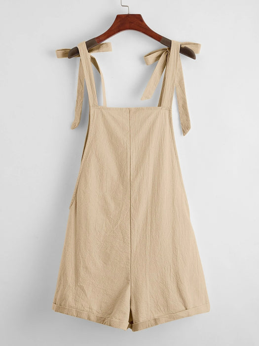 Knot Strap Pocket Patched Pinafore Romper