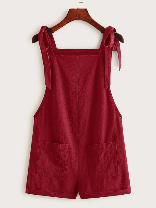 Knot Strap Pocket Patched Pinafore Romper