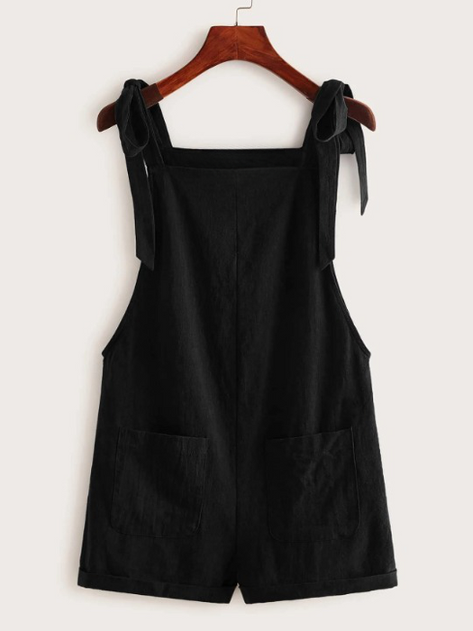 Knot Strap Pocket Patched Pinafore Romper