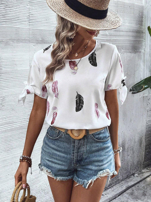 Leaf Print Knot Cuff Blouse