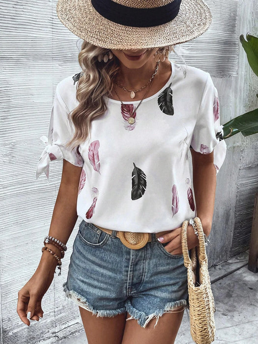 Leaf Print Knot Cuff Blouse