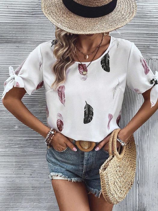 Leaf Print Knot Cuff Blouse