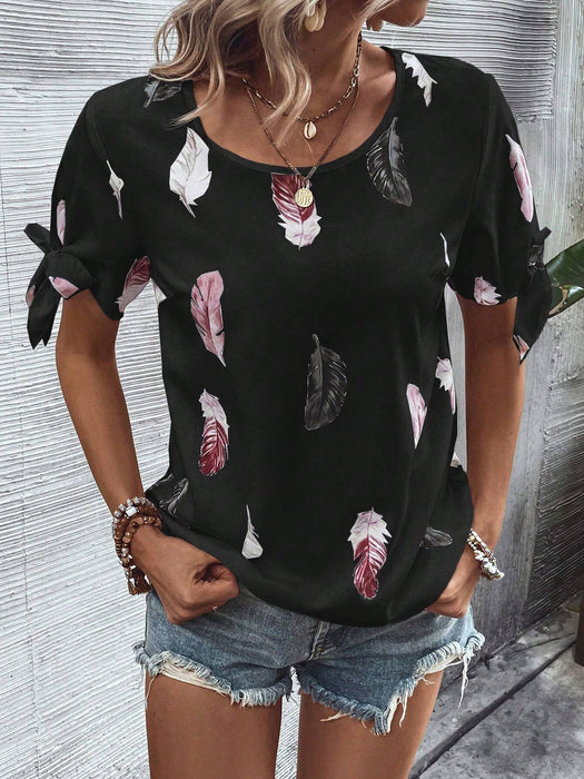 Leaf Print Knot Cuff Blouse