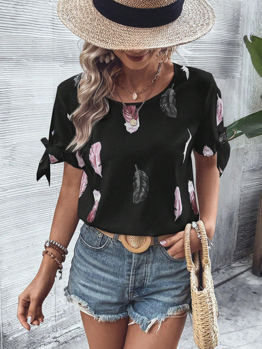 Leaf Print Knot Cuff Blouse