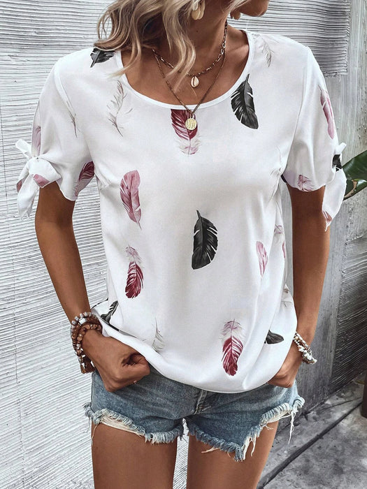 Leaf Print Knot Cuff Blouse