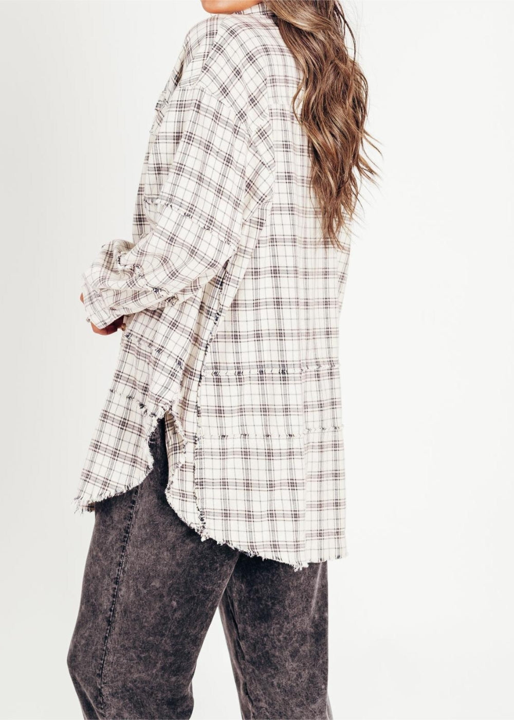 Raw Edge Oversized Washed Shirt Jacket With Pockets