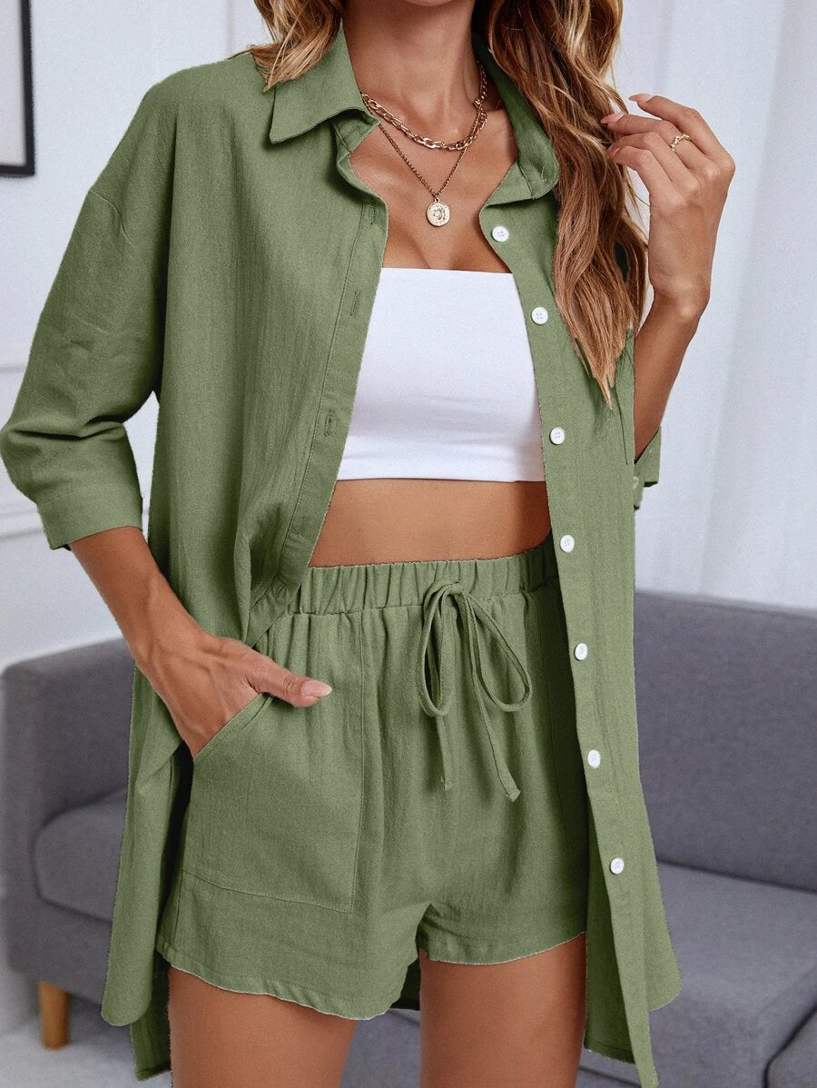 Regular Fit Collar Blouse And Casual Shorts