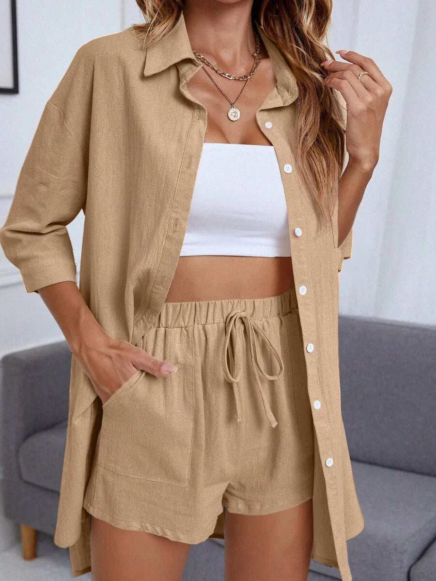 Regular Fit Collar Blouse And Casual Shorts