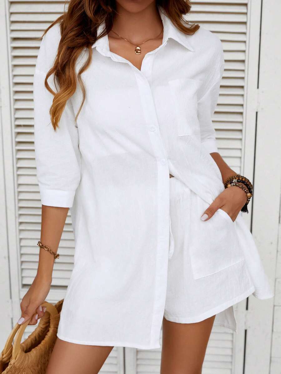 Regular Fit Collar Blouse And Casual Shorts