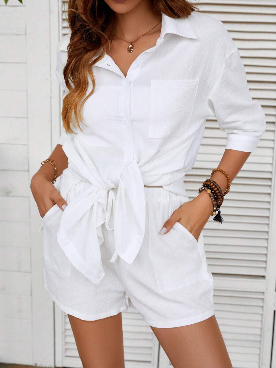 Regular Fit Collar Blouse And Casual Shorts