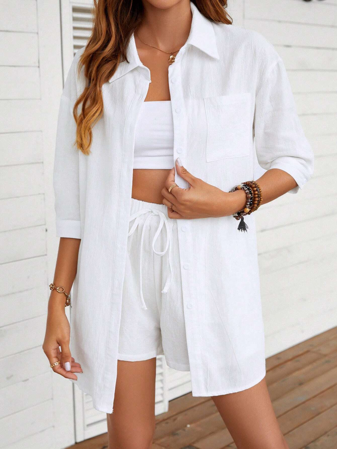 Regular Fit Collar Blouse And Casual Shorts