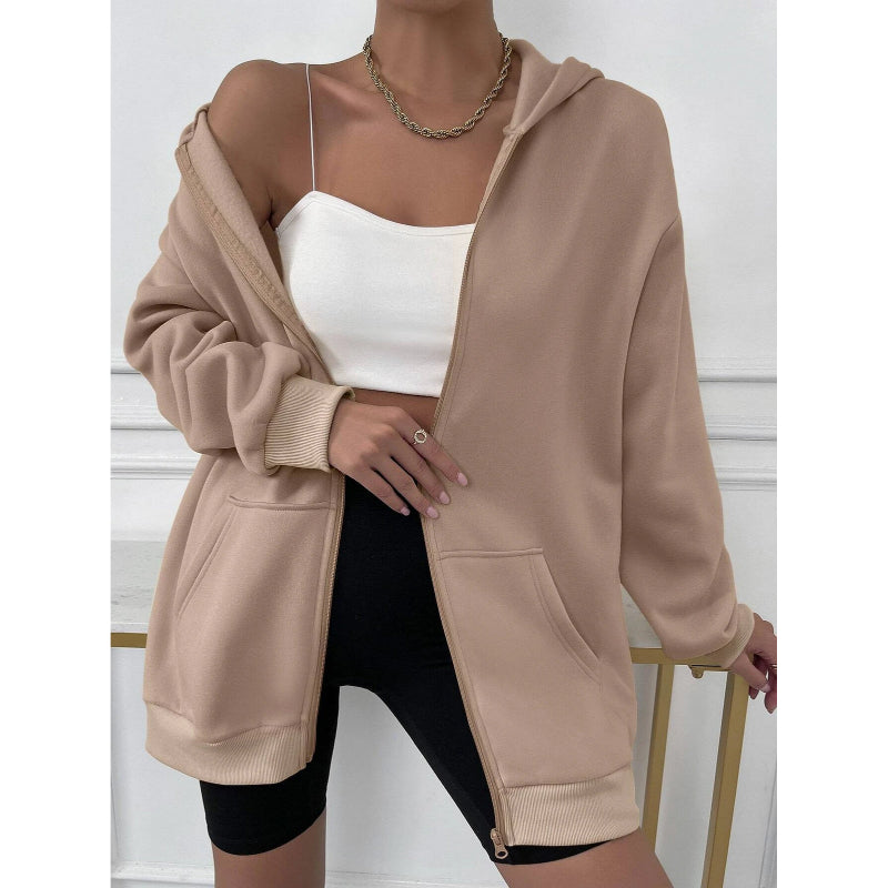 Solid Drop Shoulder Zip Up Thermal Hoodi