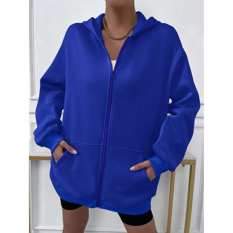 Solid Drop Shoulder Zip Up Thermal Hoodi