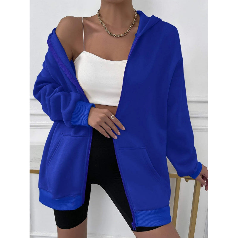 Solid Drop Shoulder Zip Up Thermal Hoodi