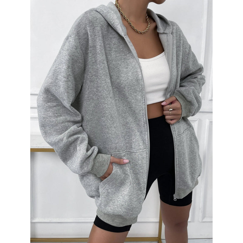 Solid Drop Shoulder Zip Up Thermal Hoodi