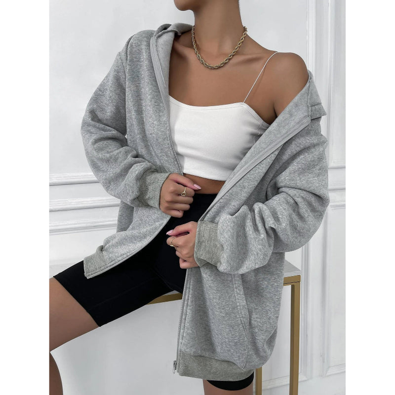 Solid Drop Shoulder Zip Up Thermal Hoodi