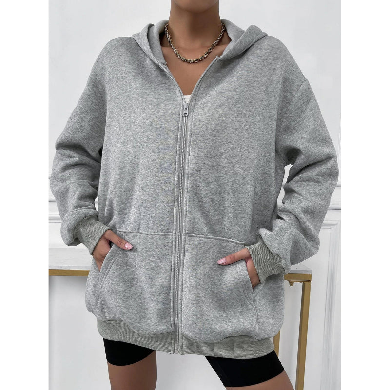 Solid Drop Shoulder Zip Up Thermal Hoodi