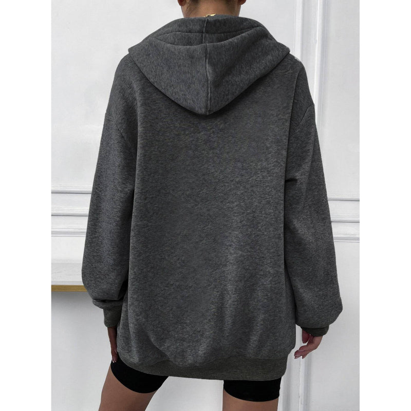 Solid Drop Shoulder Zip Up Thermal Hoodi