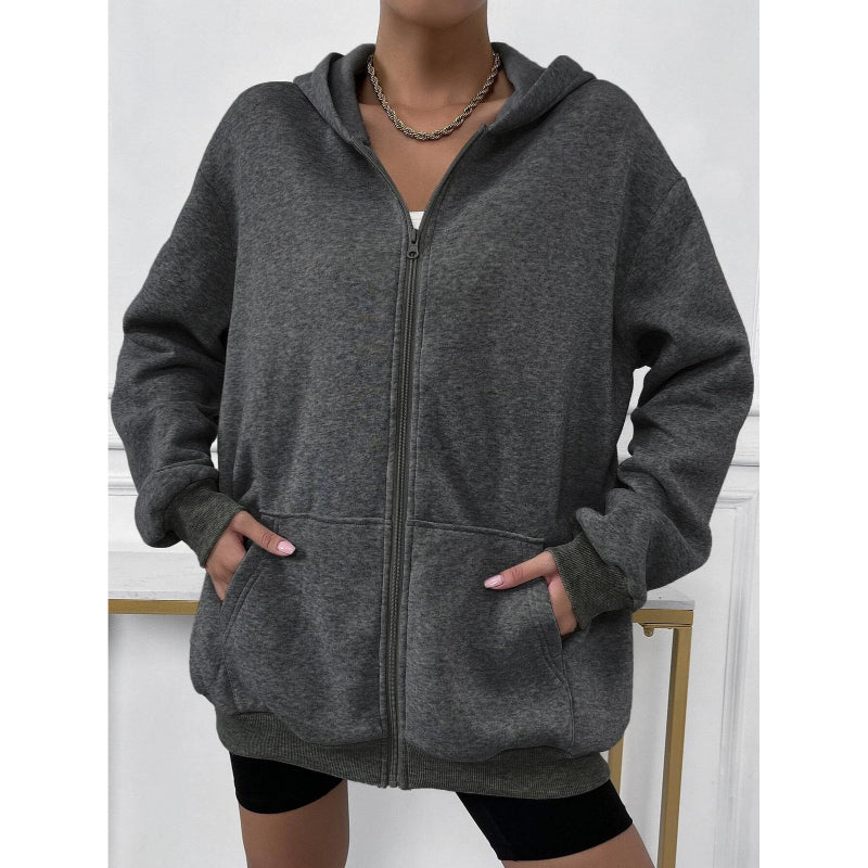 Solid Drop Shoulder Zip Up Thermal Hoodi