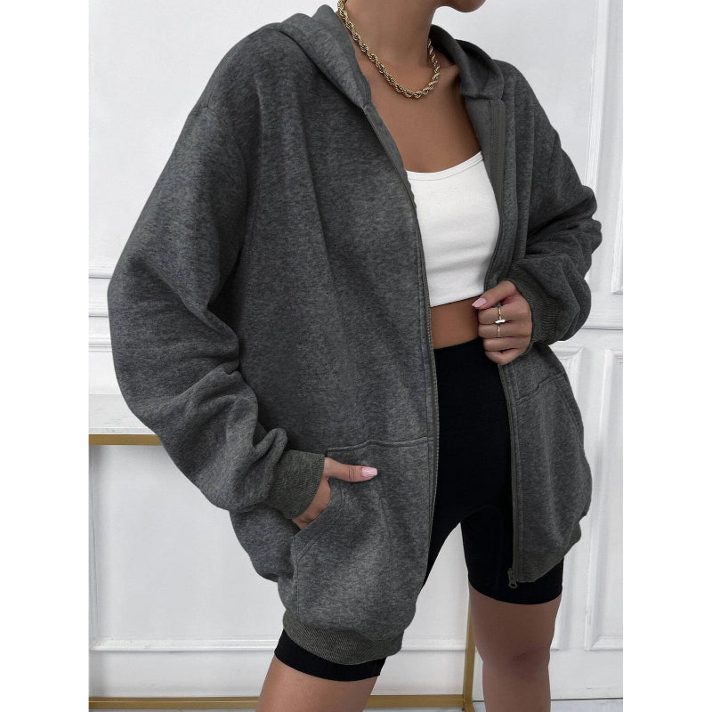 Solid Drop Shoulder Zip Up Thermal Hoodi