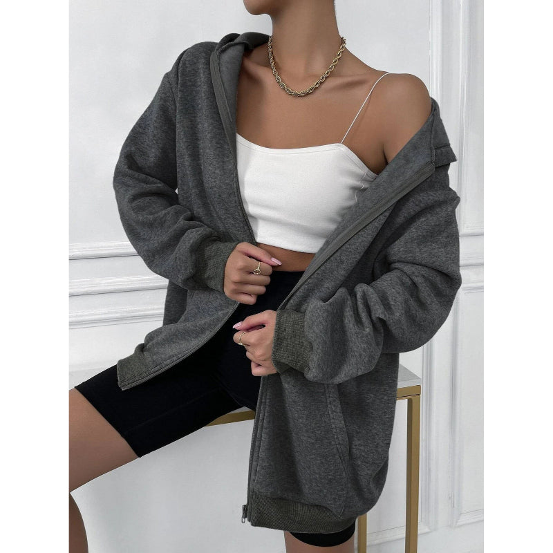 Solid Drop Shoulder Zip Up Thermal Hoodi