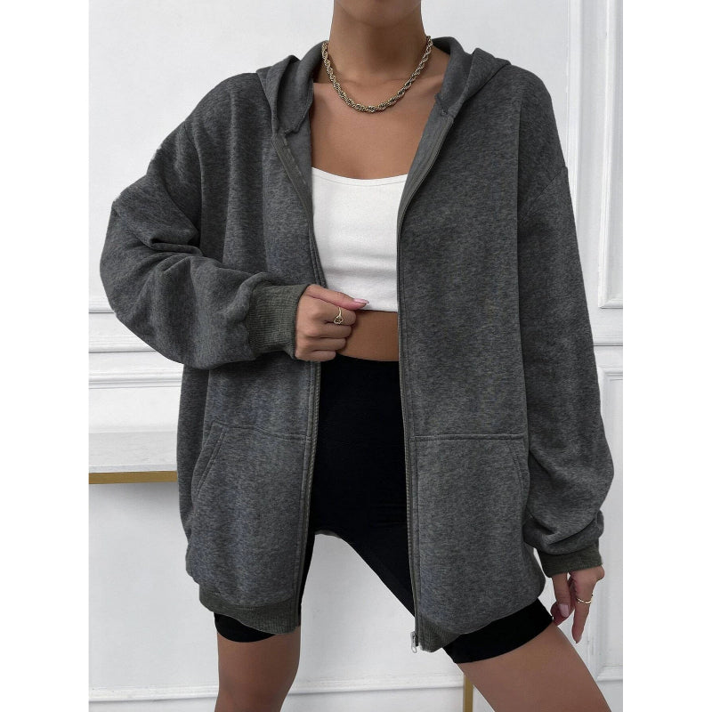 Solid Drop Shoulder Zip Up Thermal Hoodi