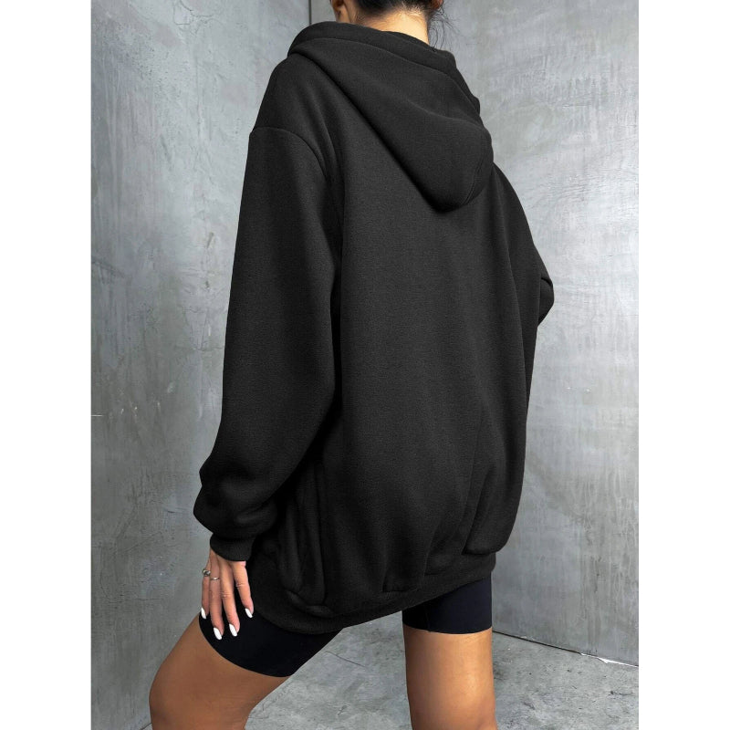 Solid Drop Shoulder Zip Up Thermal Hoodi