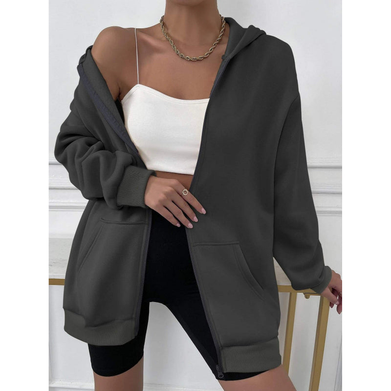 Solid Drop Shoulder Zip Up Thermal Hoodi