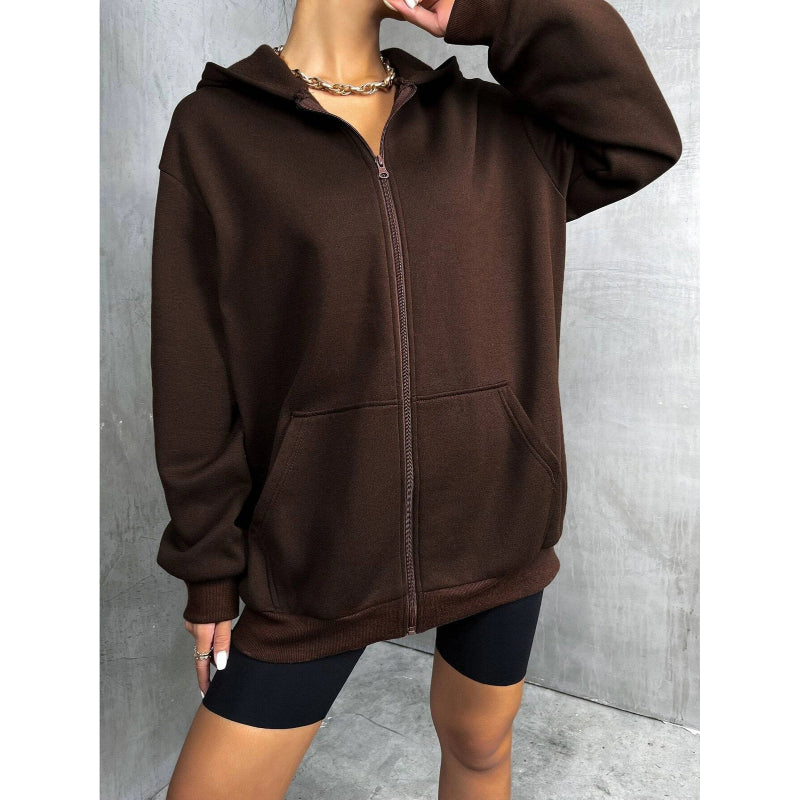 Solid Drop Shoulder Zip Up Thermal Hoodi