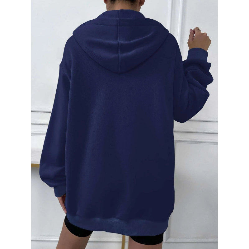 Solid Drop Shoulder Zip Up Thermal Hoodi