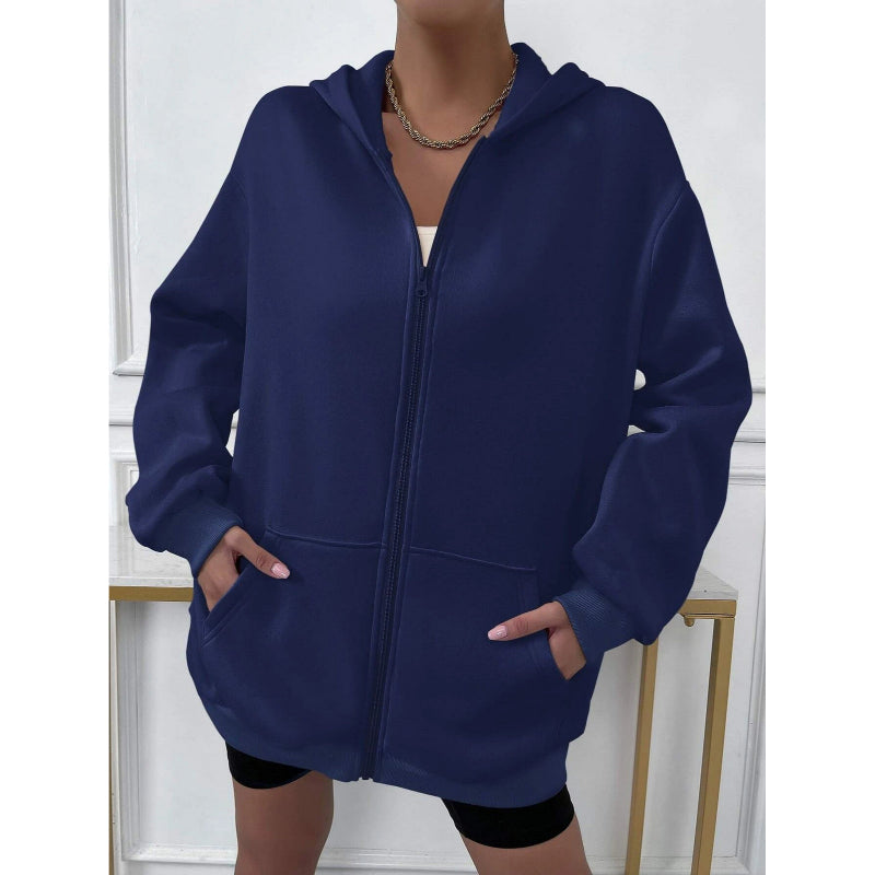 Solid Drop Shoulder Zip Up Thermal Hoodi