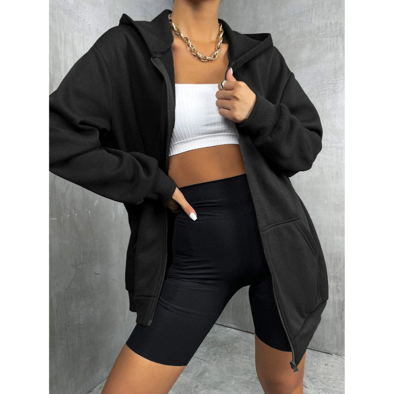 Solid Drop Shoulder Zip Up Thermal Hoodi