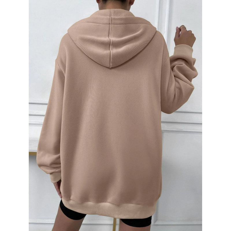 Solid Drop Shoulder Zip Up Thermal Hoodi