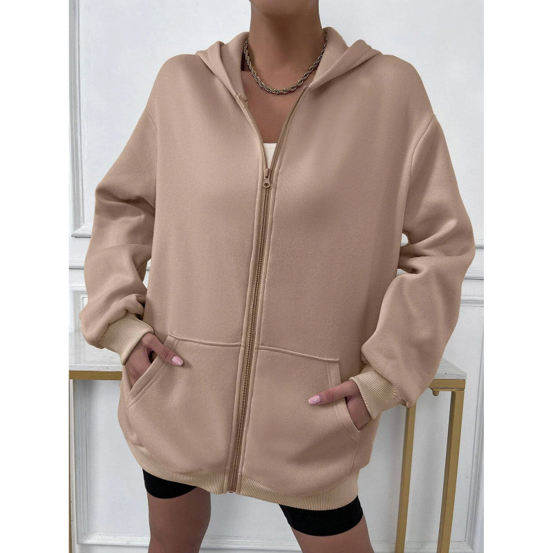 Solid Drop Shoulder Zip Up Thermal Hoodi