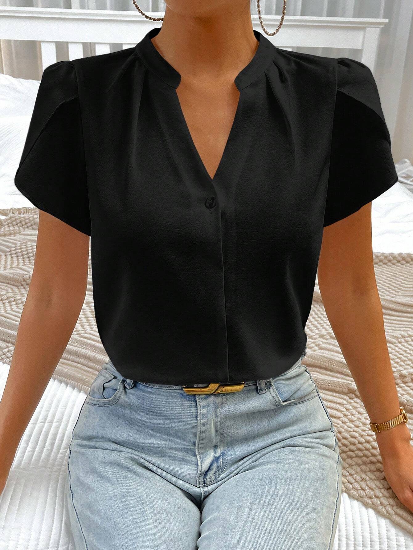 Solid Notched Neckline Petal Sleeve Blouse