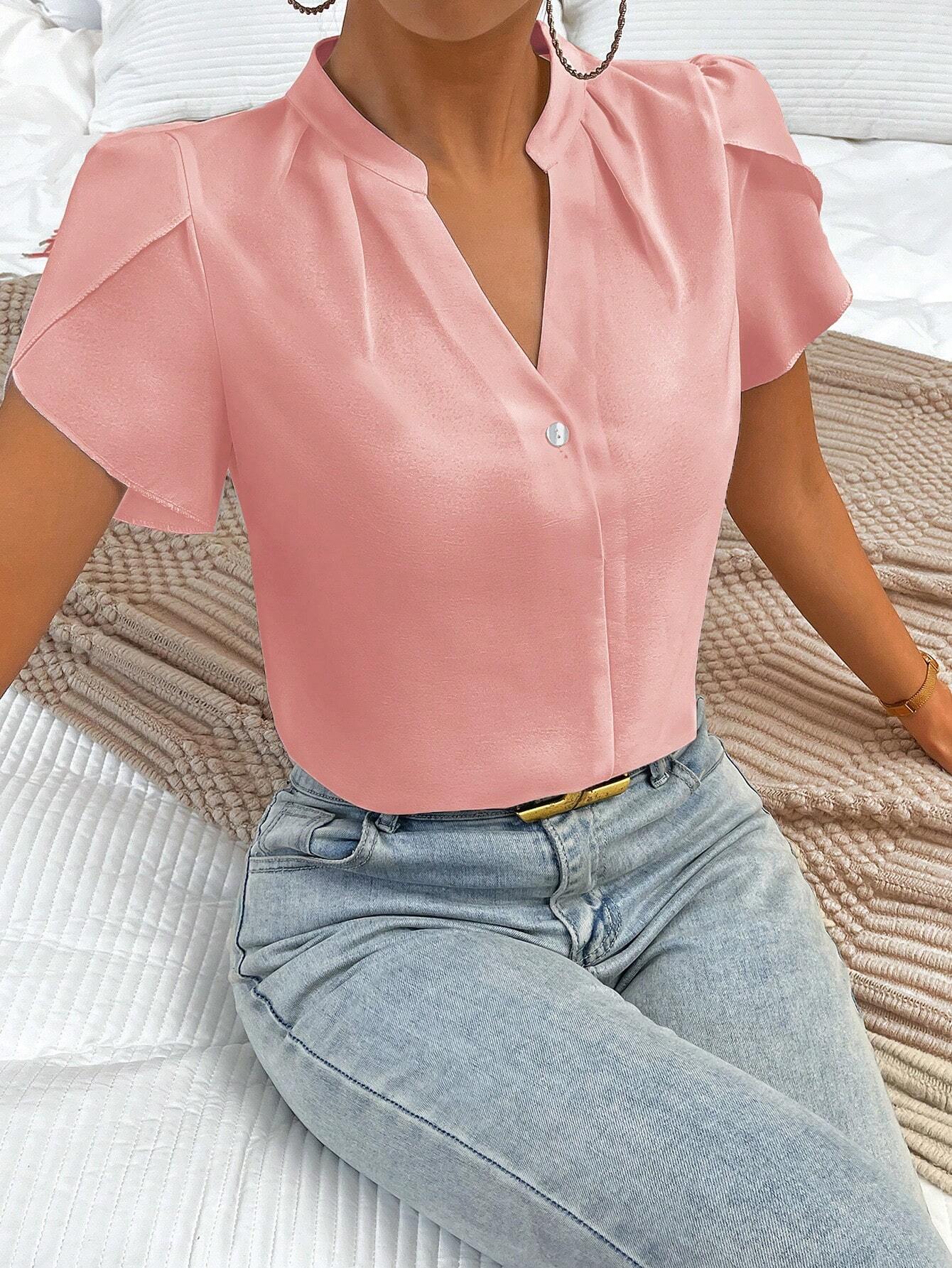 Solid Notched Neckline Petal Sleeve Blouse