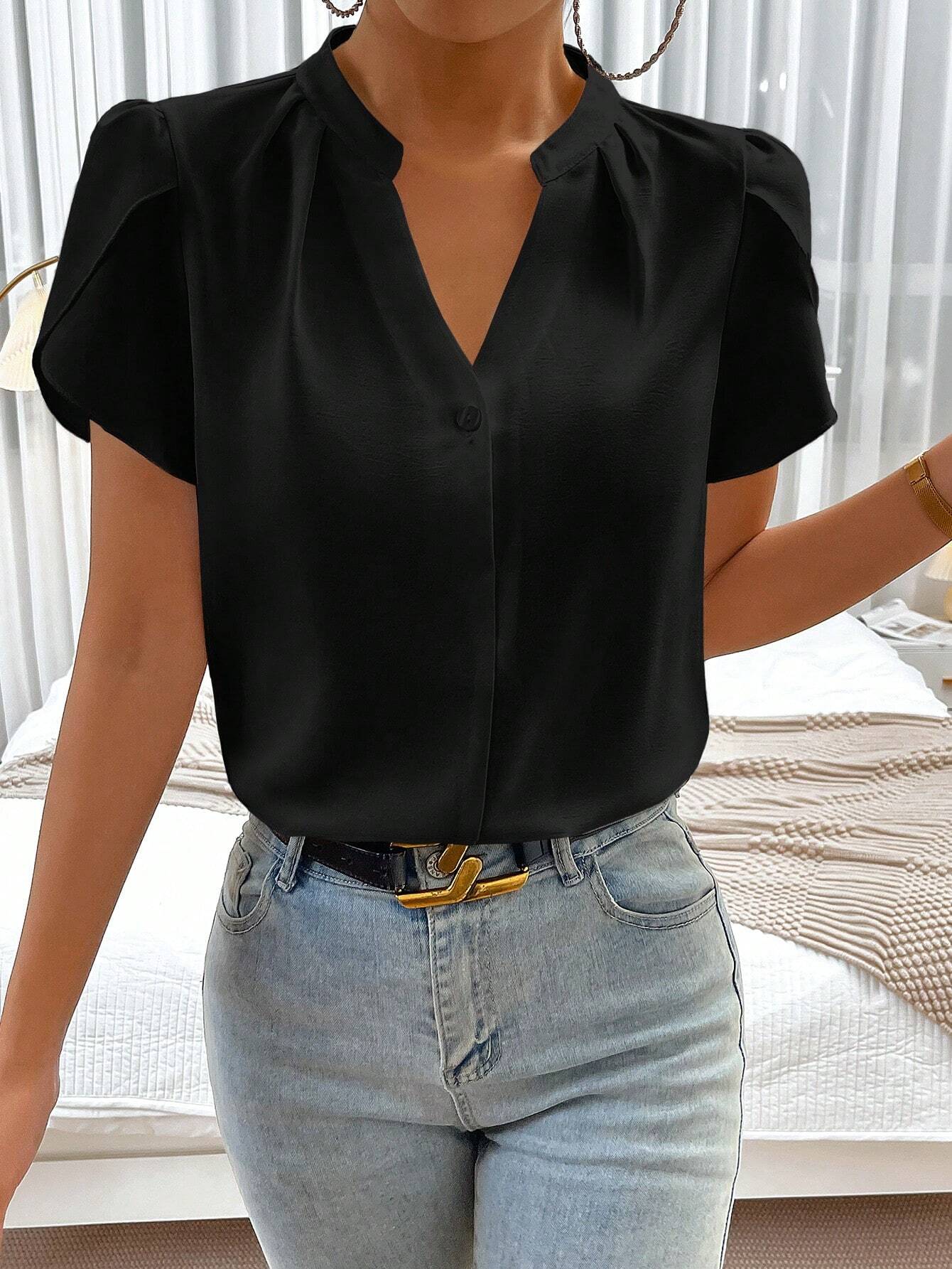 Solid Notched Neckline Petal Sleeve Blouse