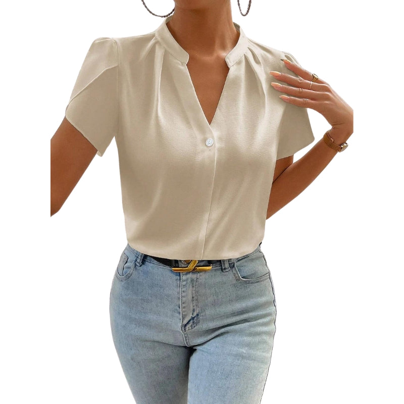 Solid Notched Neckline Petal Sleeve Blouse