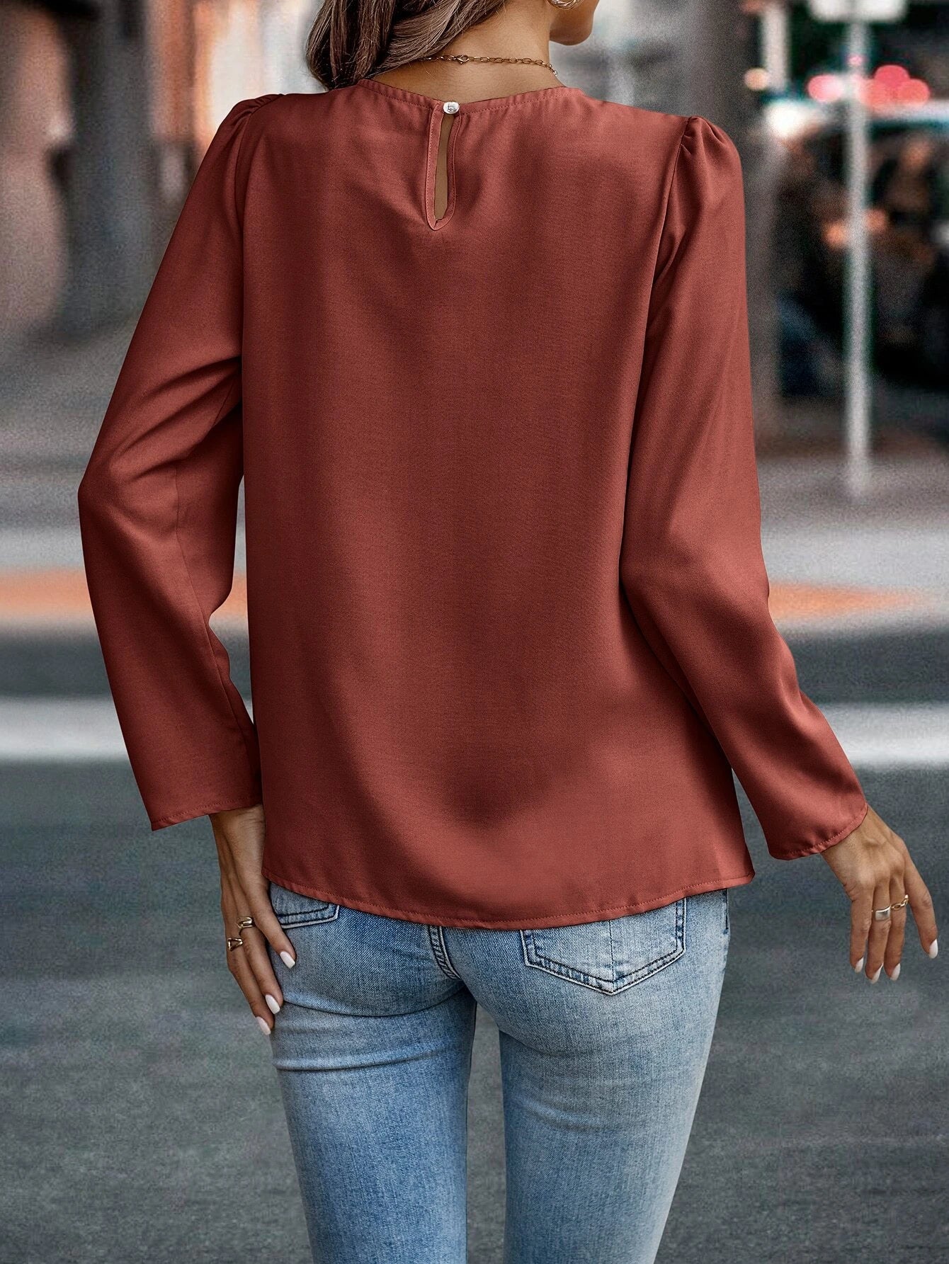 Solid Plicated Detail Puff Sleeve Blouse