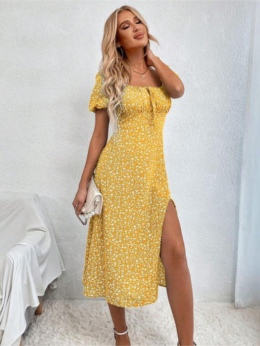 Floral Print Tie Front Split Dress