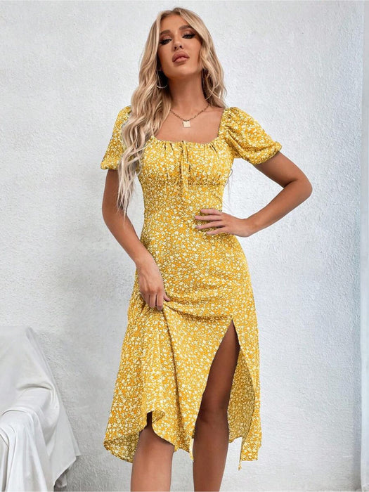 Floral Print Tie Front Split Dress