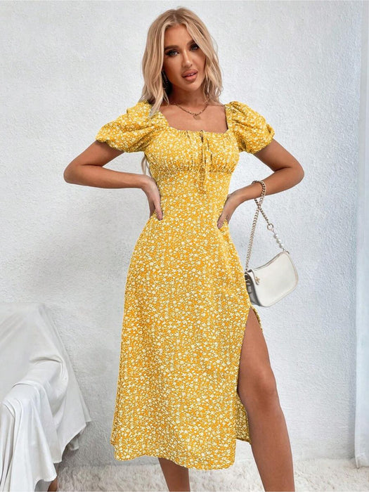 Floral Print Tie Front Split Dress