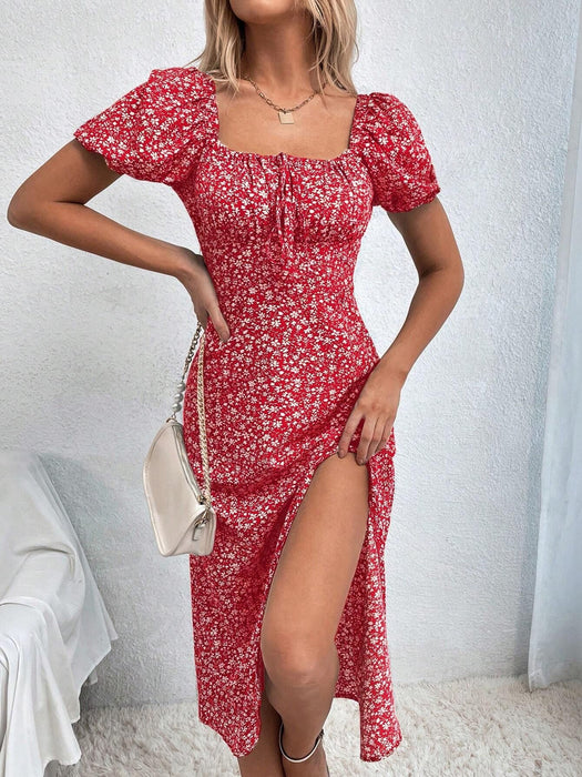 Floral Print Tie Front Split Dress