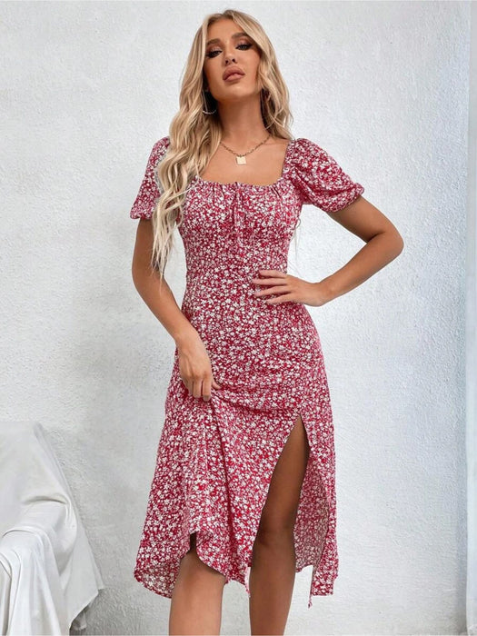 Floral Print Tie Front Split Dress