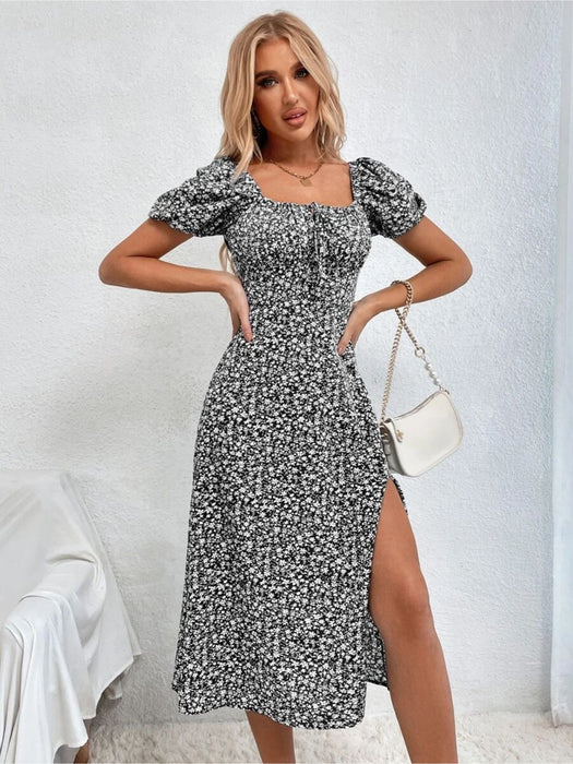 Floral Print Tie Front Split Dress