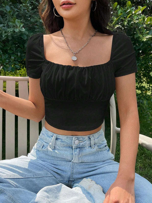 Square Neck Ruched Bust Crop Tee