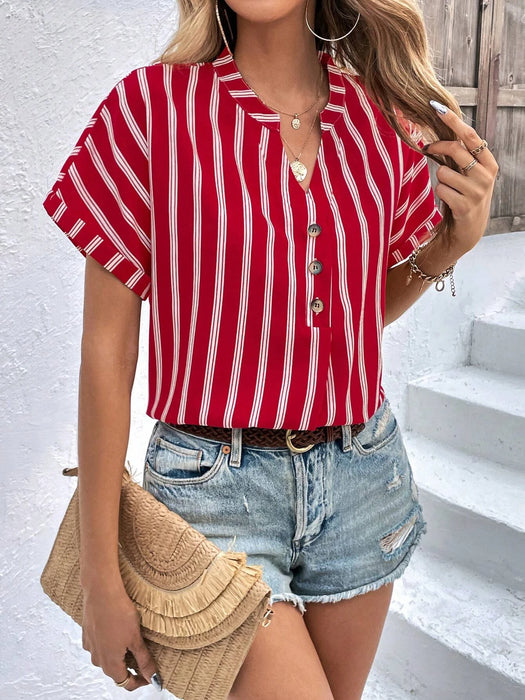 Striped Print Half Button Batwing Sleeve Blouse