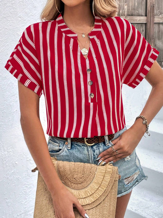 Striped Print Half Button Batwing Sleeve Blouse