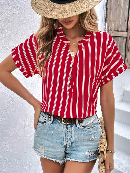 Striped Print Half Button Batwing Sleeve Blouse